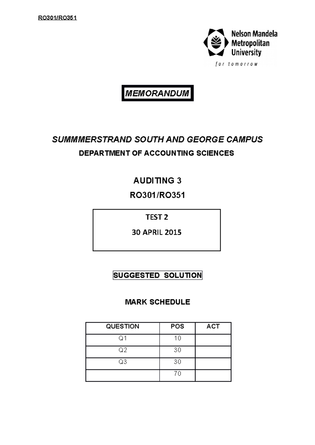 RO301 Auditing 3 Test 2 Solutions (Final) - 30 April 2015 - Studocu