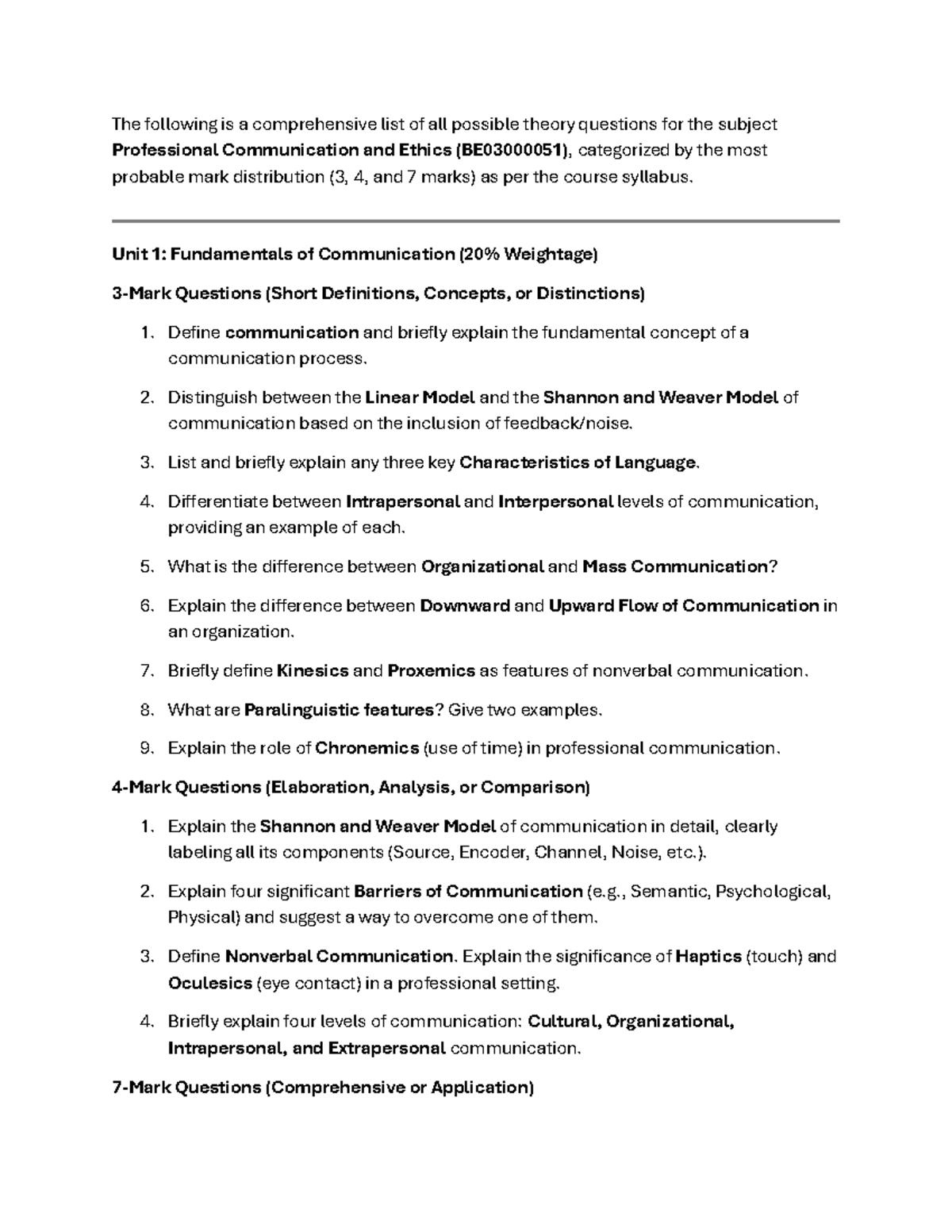 PCE 101: Comprehensive Theory Questions for Professional Communication ...