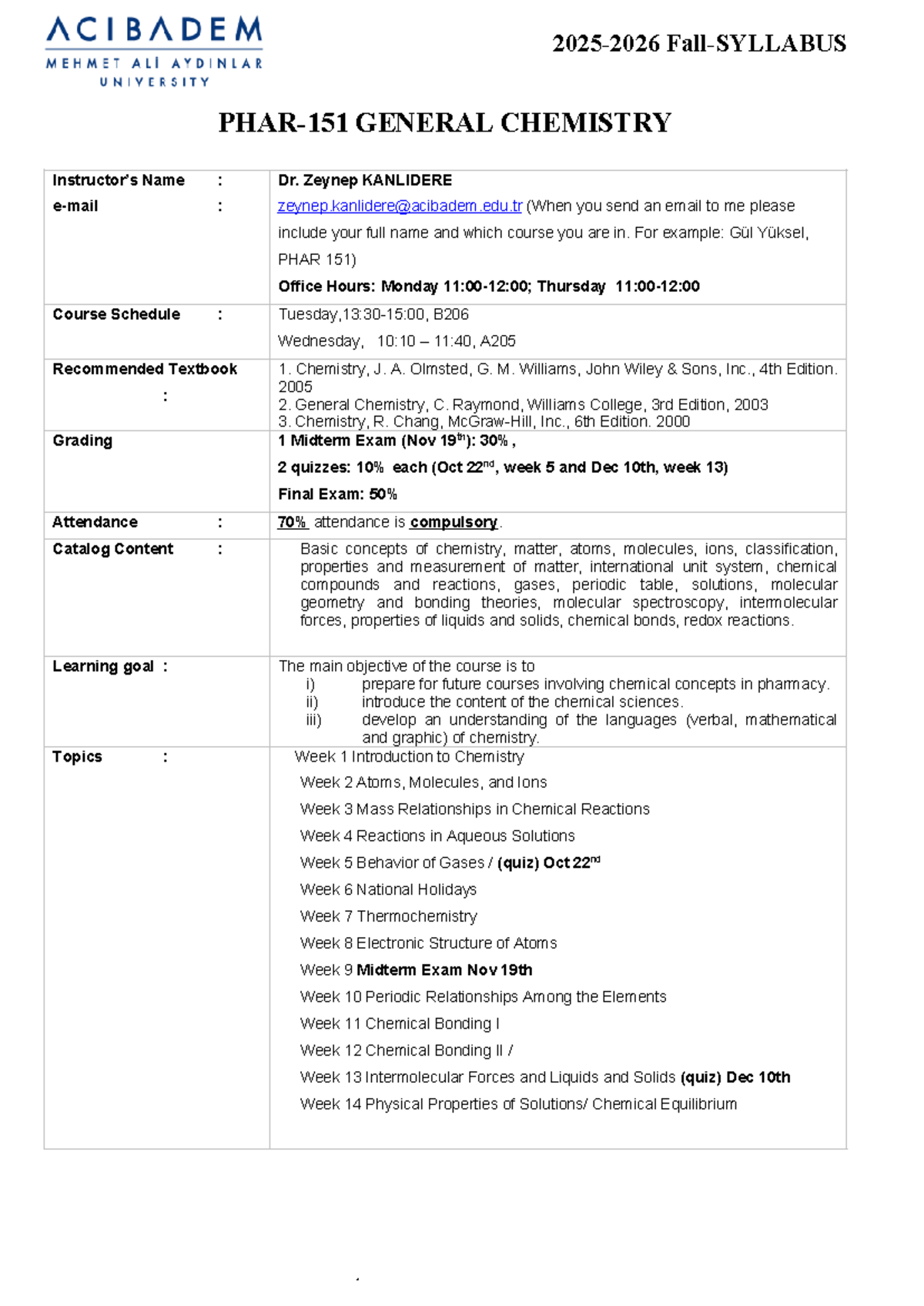 PHAR 115 General Chemistry Fall 2025-2026 Syllabus and Schedule - Studocu