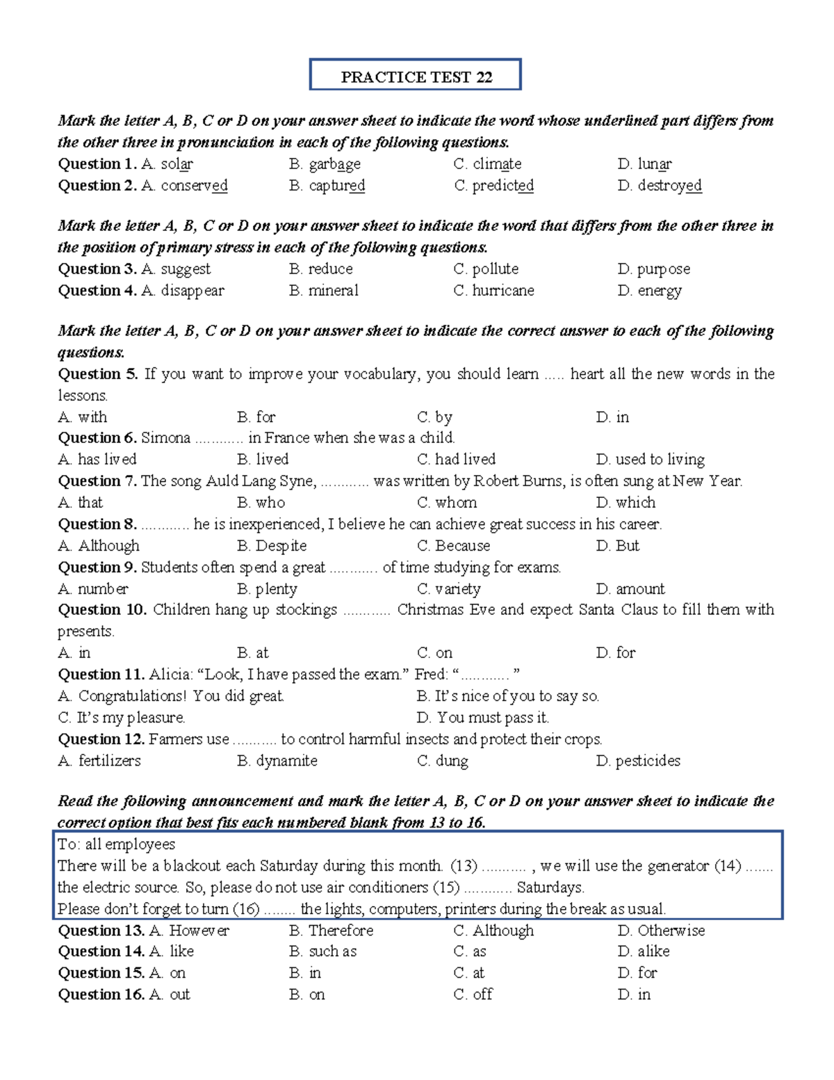 PRACTICE TEST 22: English Exam Questions & Answers for 2025 - Studocu