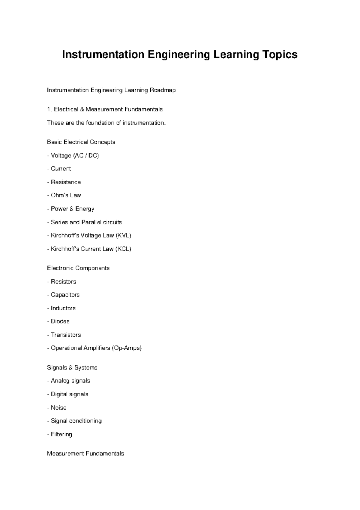 Instrumentation Engineering Learning Roadmap: Full Topics Overview ...