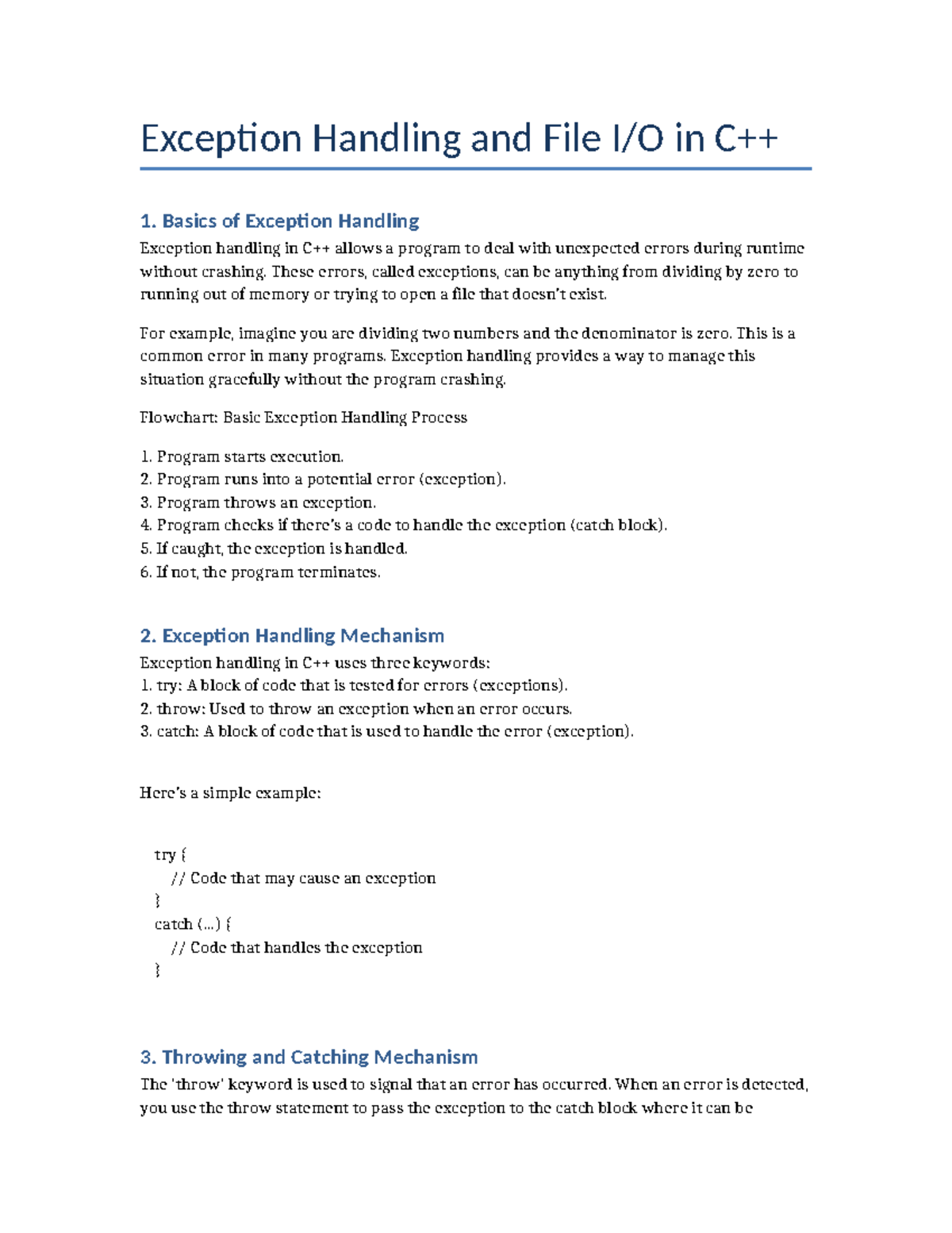 Exception Handling and File I/O in C++: Basics and Mechanisms - Studocu