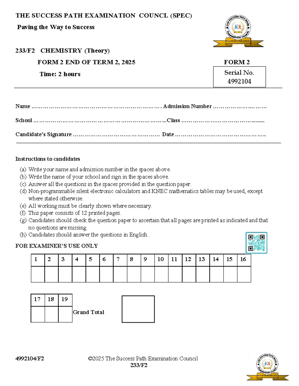 CHEM 2025 Form 2 End of Term 2 Examination Questions - Studocu