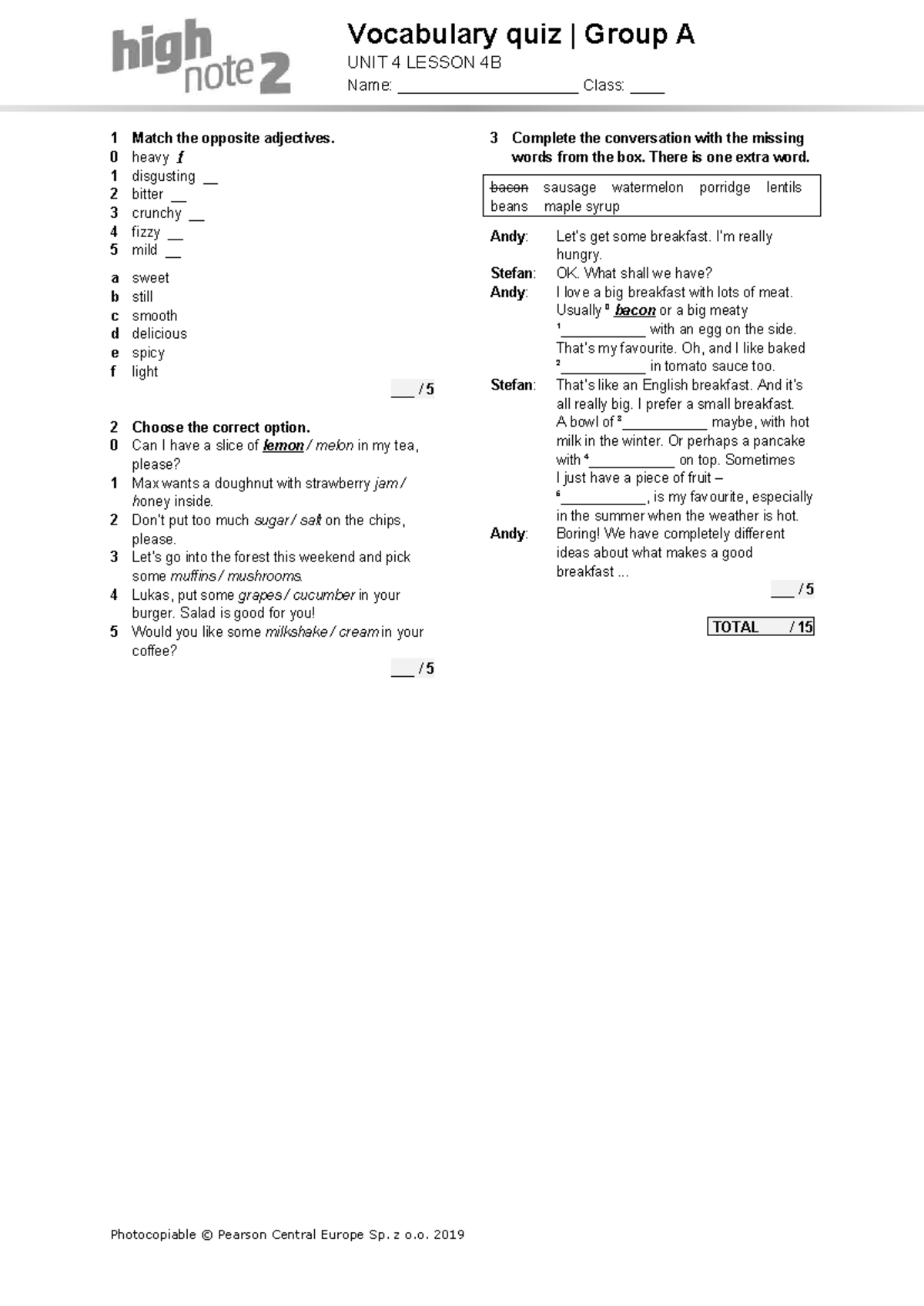High Note 2 U4B Vocabulary Quiz: Opposite Adjectives & Conversation ...