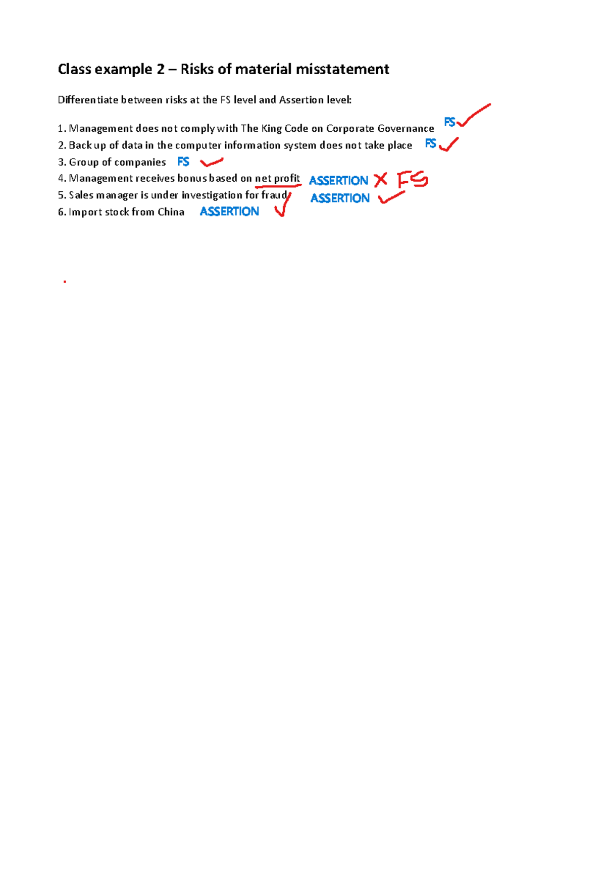 Class Example 2: Risks of Material Misstatement at FS & Assertion ...
