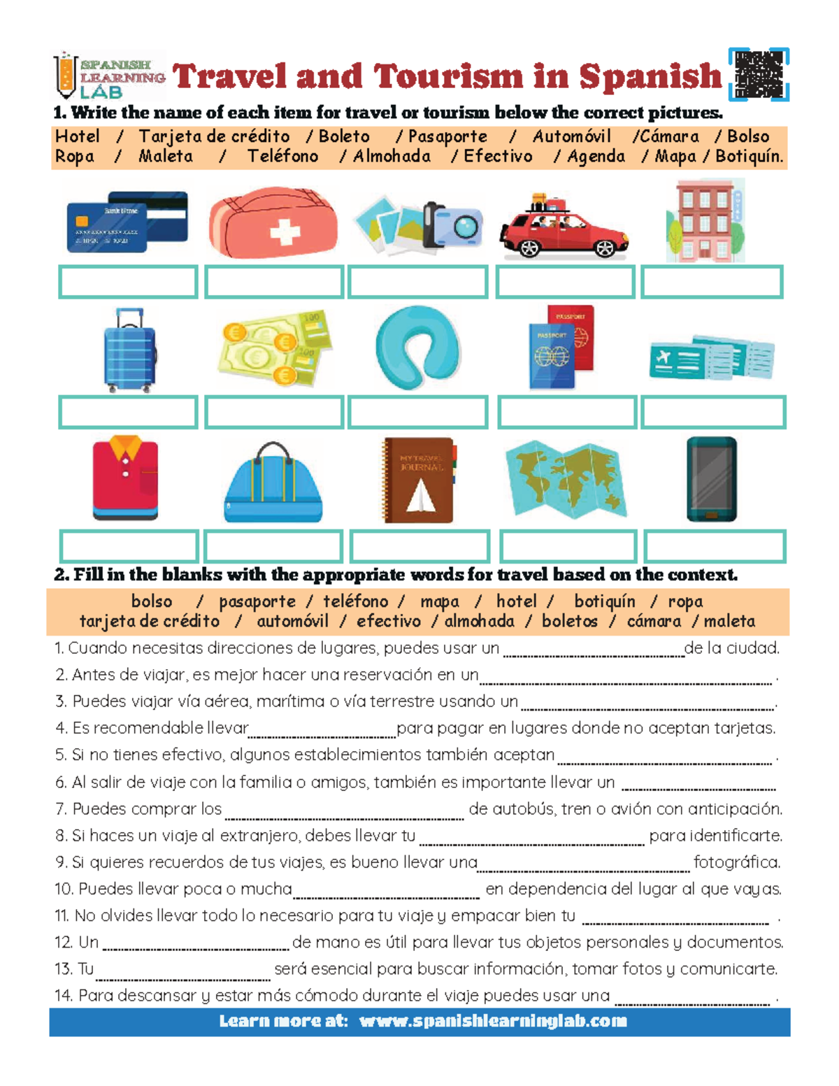 Travel and Tourism in Spanish 1: Vocabulary and Fill-in-the-Blanks ...