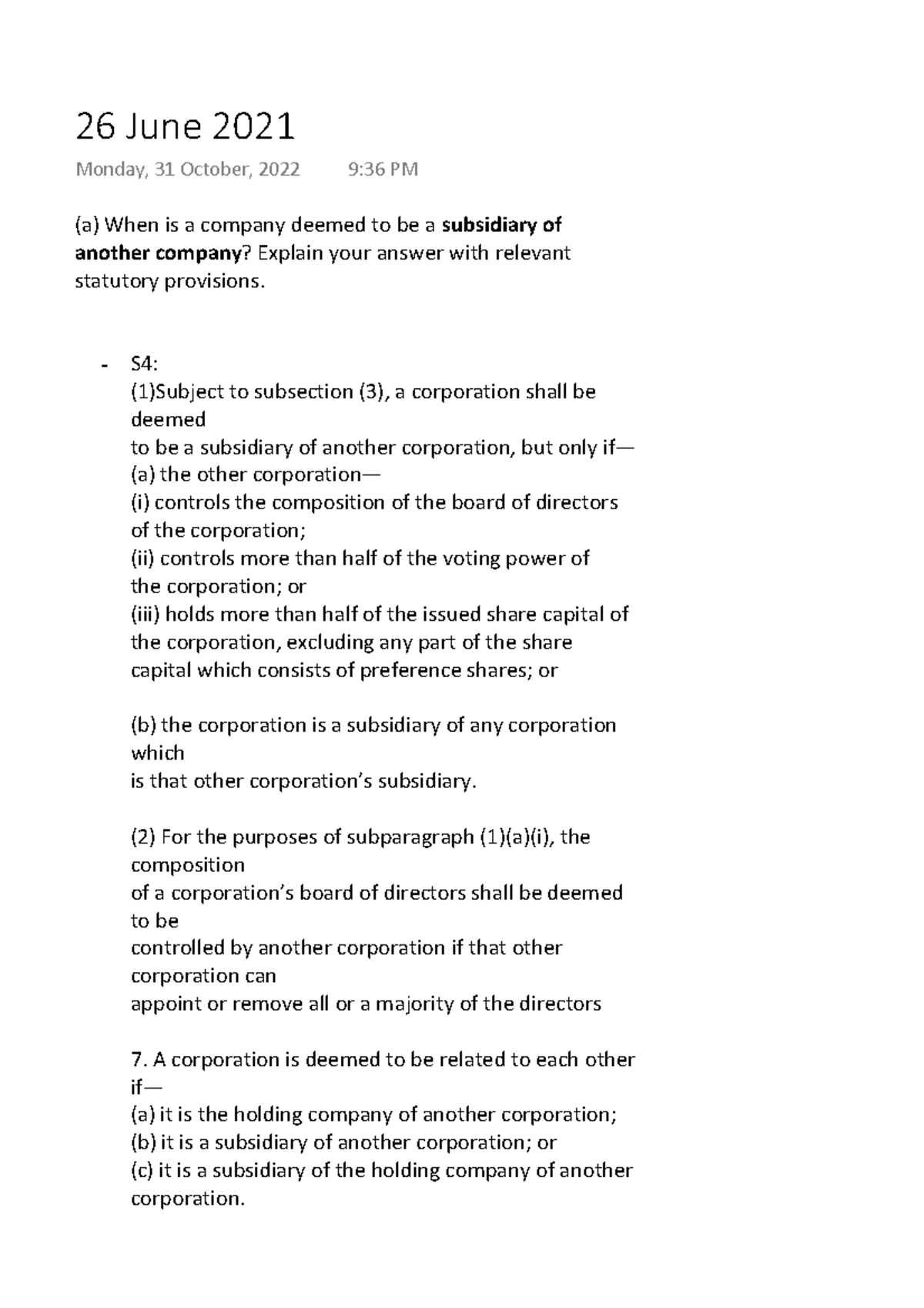 Legal Principles of Subsidiaries and Duties: Tutorial Notes (26 June ...