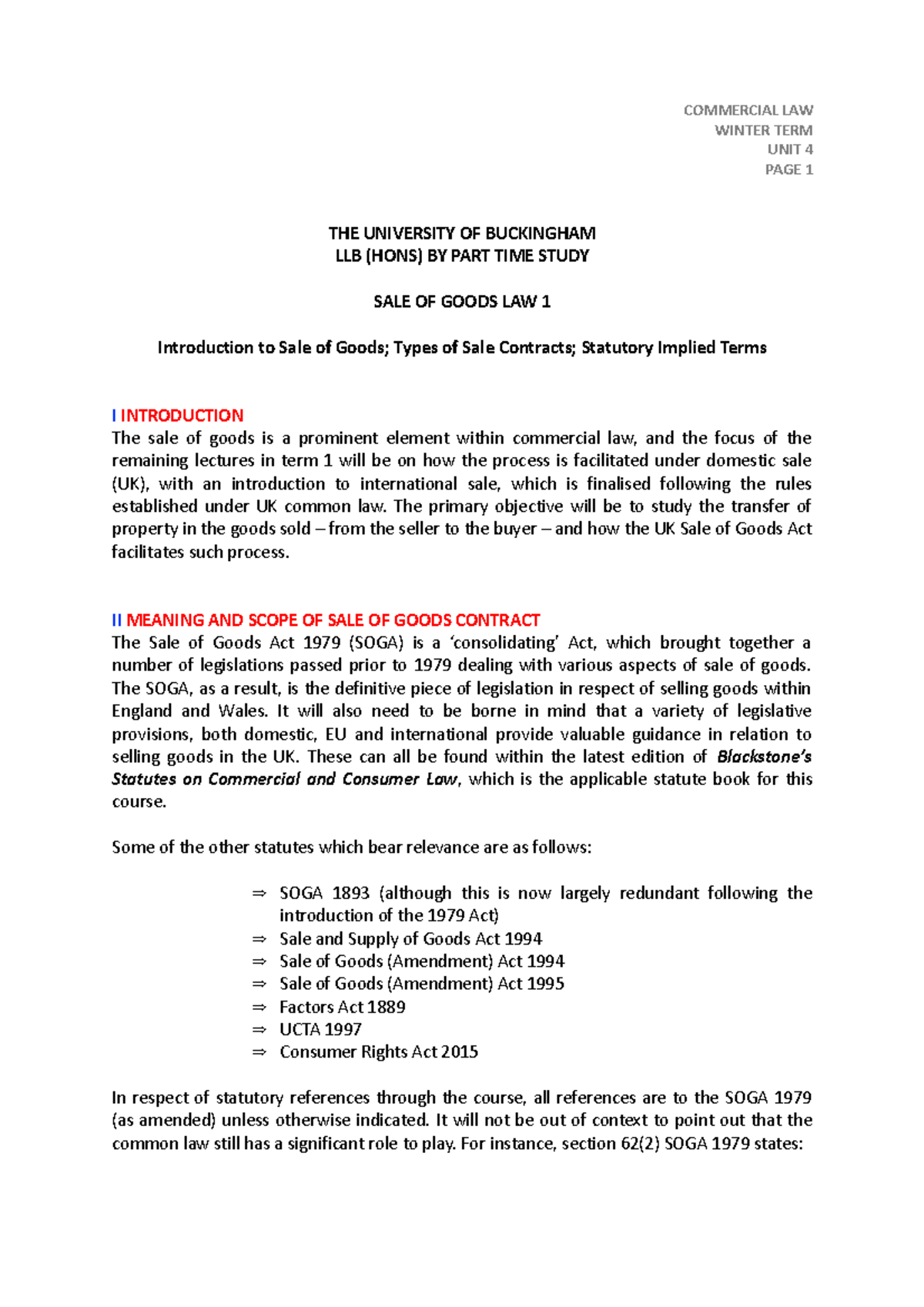 Unit 4 SOG1 - Sale of Goods Law 1 Lecture Notes Overview - Studocu