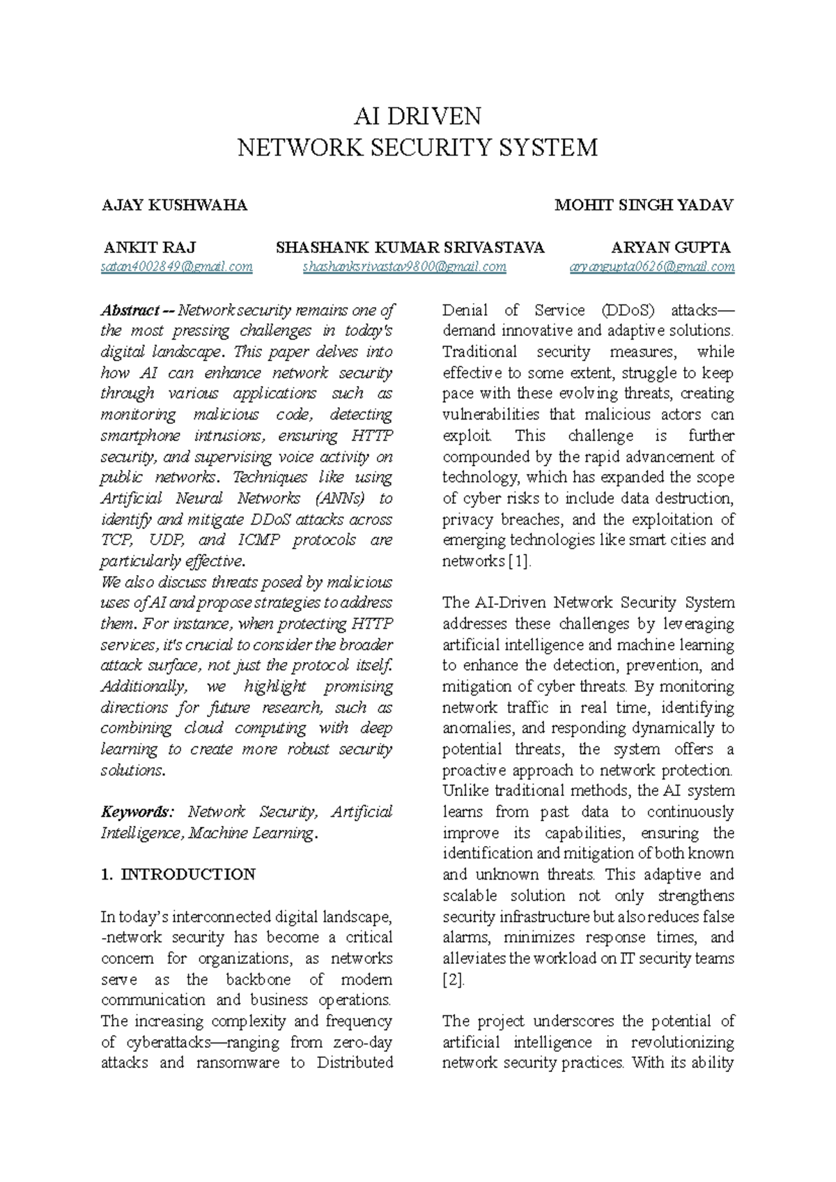 AI DRIVEN NETWORK SECURITY SYSTEM - AI DRIVEN NETWORK SECURITY SYSTEM ...