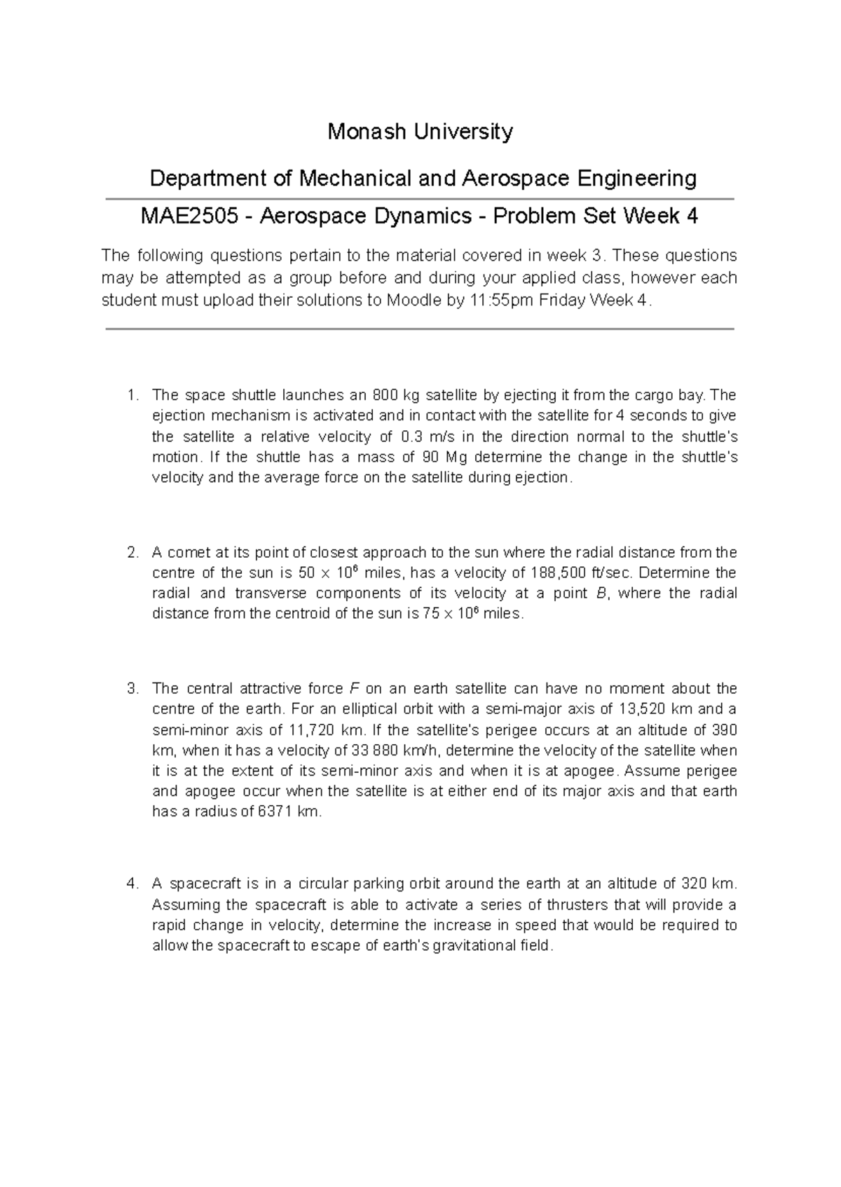 MAE2505 - Aerospace Dynamics Week 04 Problem Set Solutions - Studocu