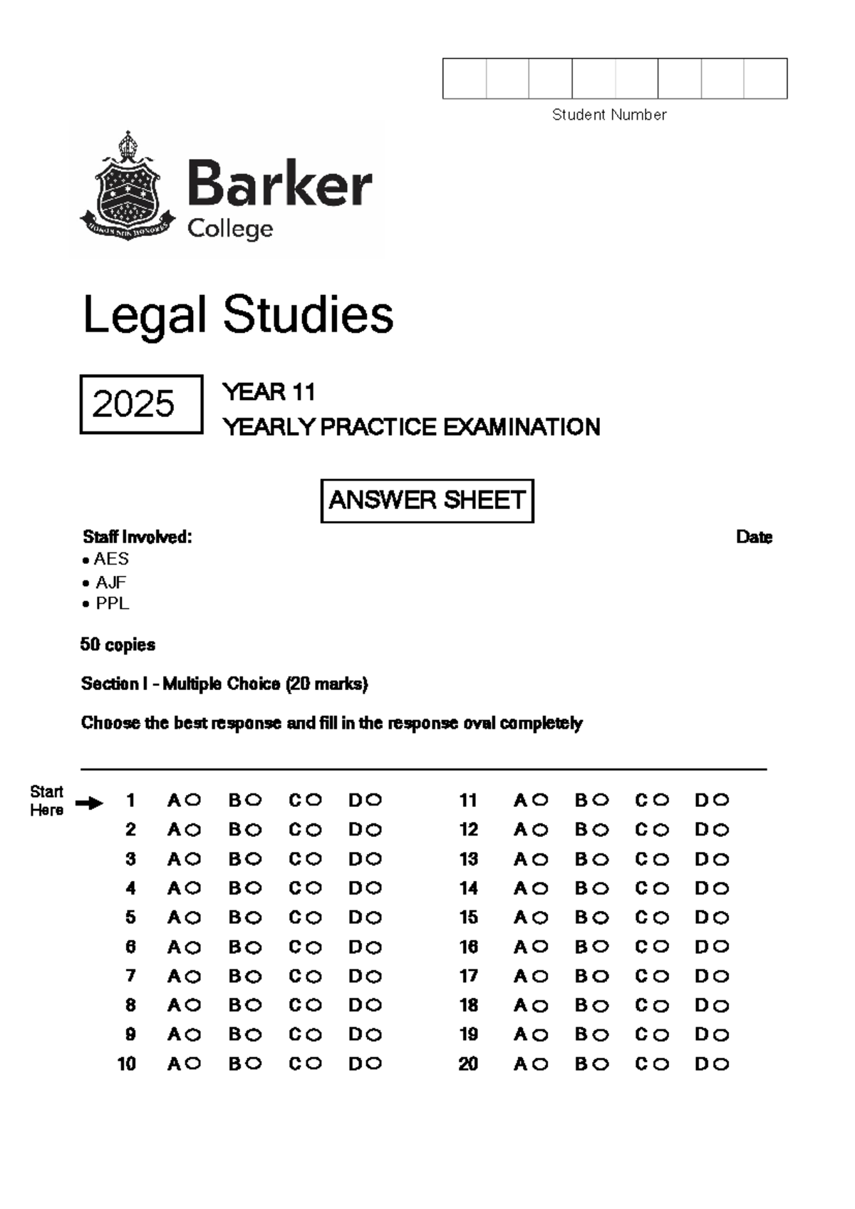 Legal Studies 2025 Year 11 Yearly Practice Exam Answer Sheet - Studocu