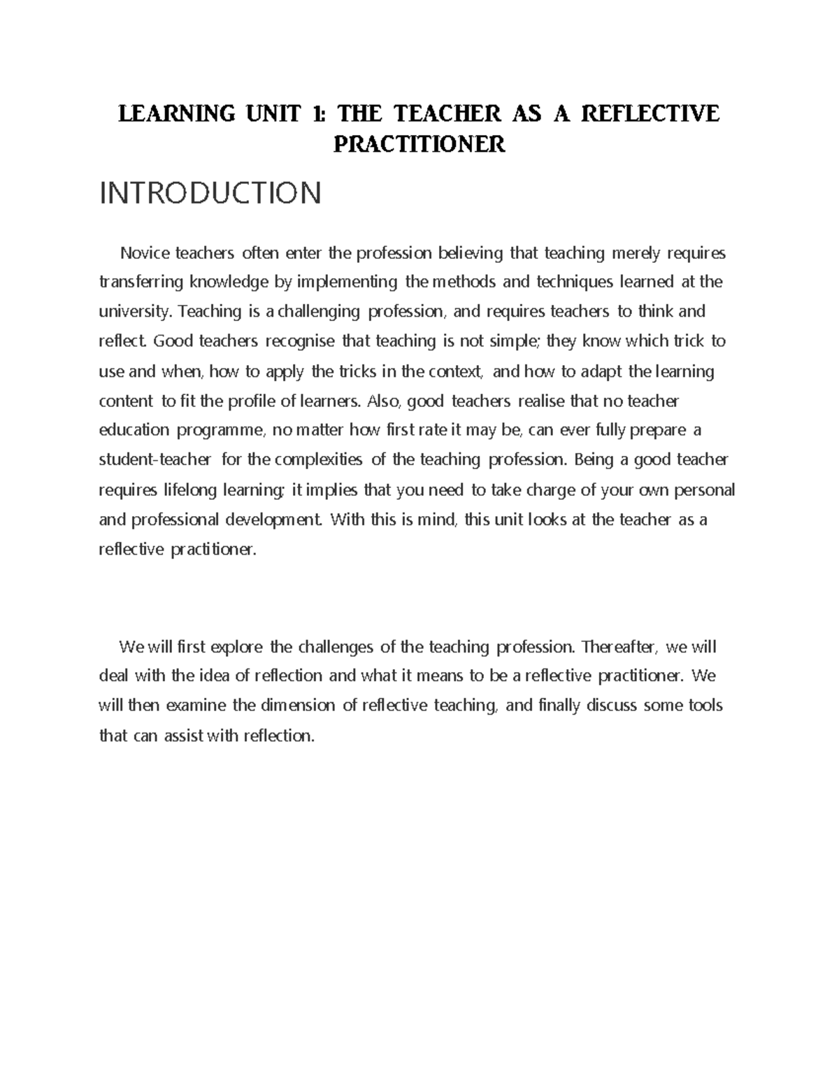LEARNING UNIT 1: TEACHER AS REFLECTIVE PRACTITIONER OVERVIEW - Studocu