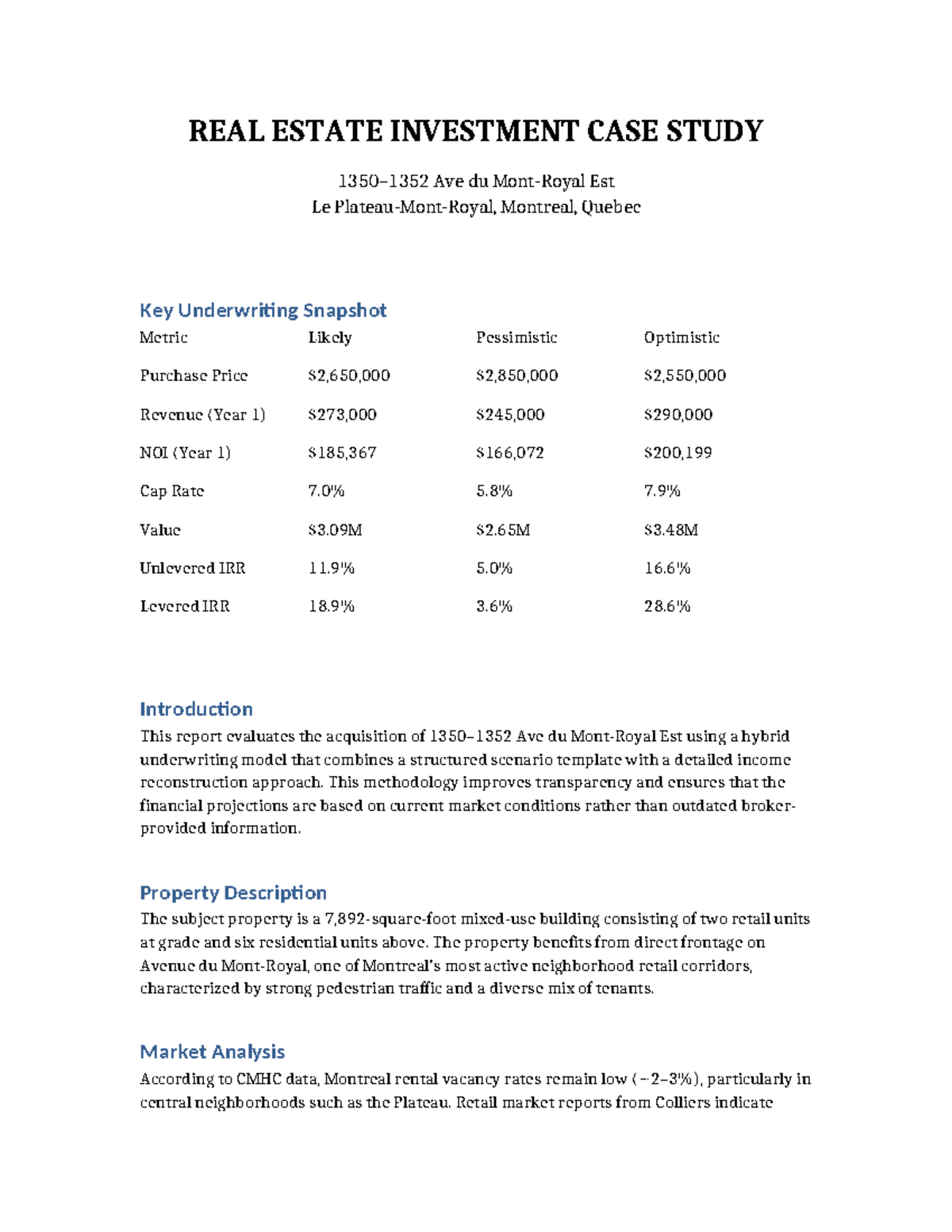 REAL ESTATE INVESTMENT CASE STUDY: Ave du Est, Montreal Analysis Report ...