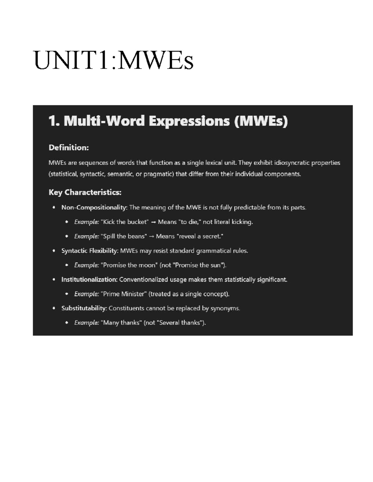 MWE UNIT 1 - Key Concepts and Characteristics of MWEs in NLP - Studocu