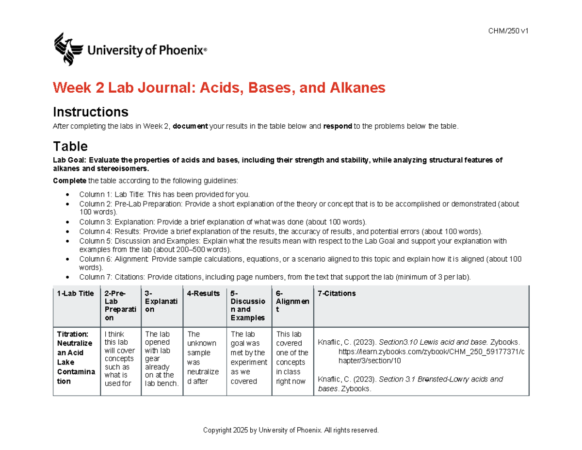 Chm250 v1 Week 2 Lab Journal: Acids, Bases, and Alkanes Analysis - Studocu