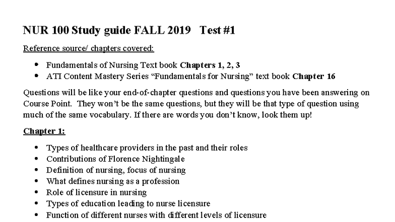NUR 100 Fall 2019 Study Guide for Test #1: Key Concepts & Chapters ...