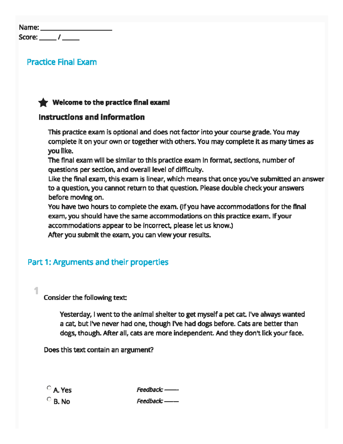Practice Final Exam 2022-3: Argument Analysis and Evaluation - Studocu
