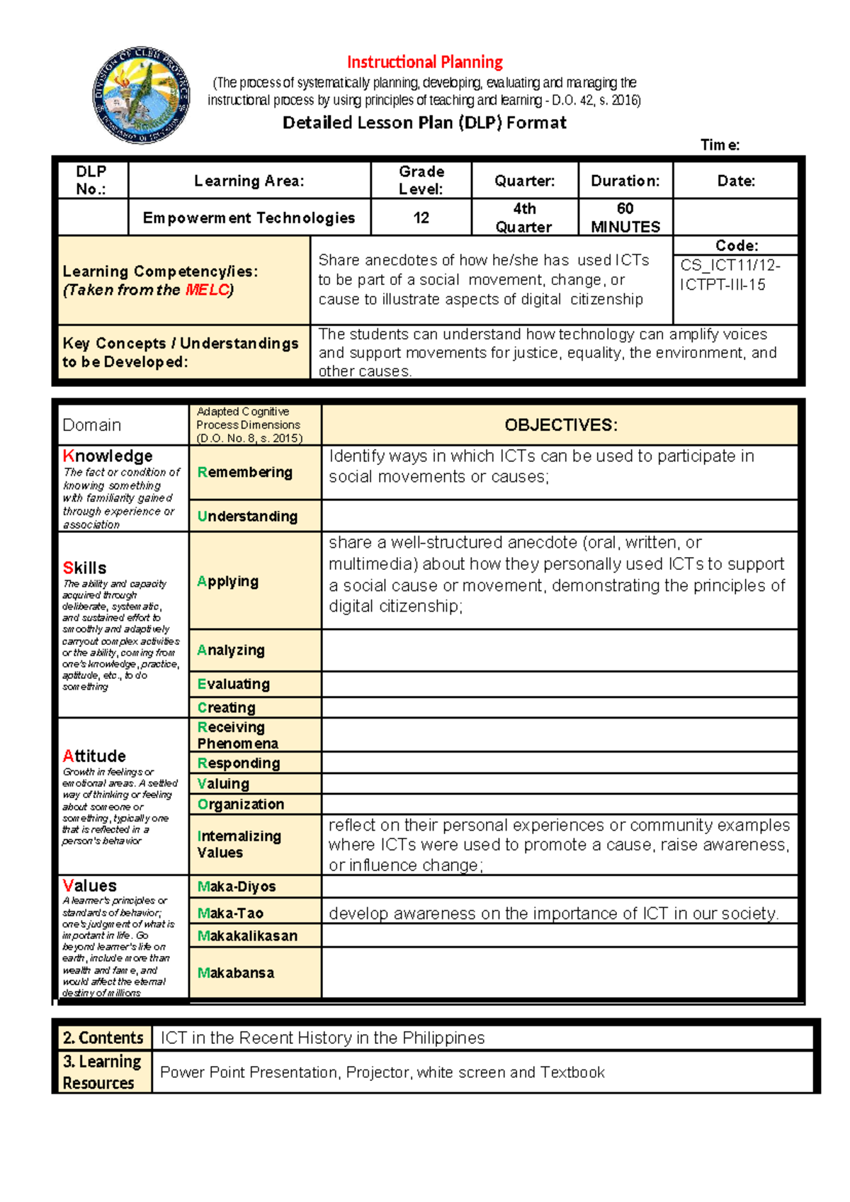 DLP ET 12 - Empowerment Technologies Detailed Lesson Plan on ICT and ...