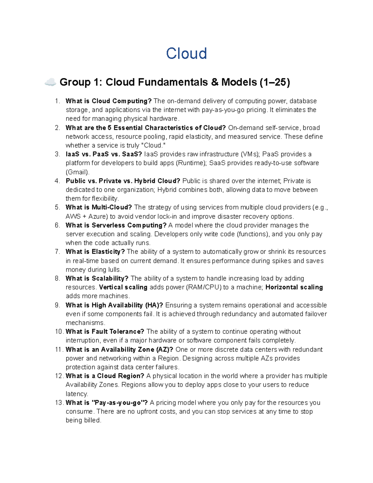 Cloud 1: Comprehensive Guide to Cloud Fundamentals and Models - Studocu