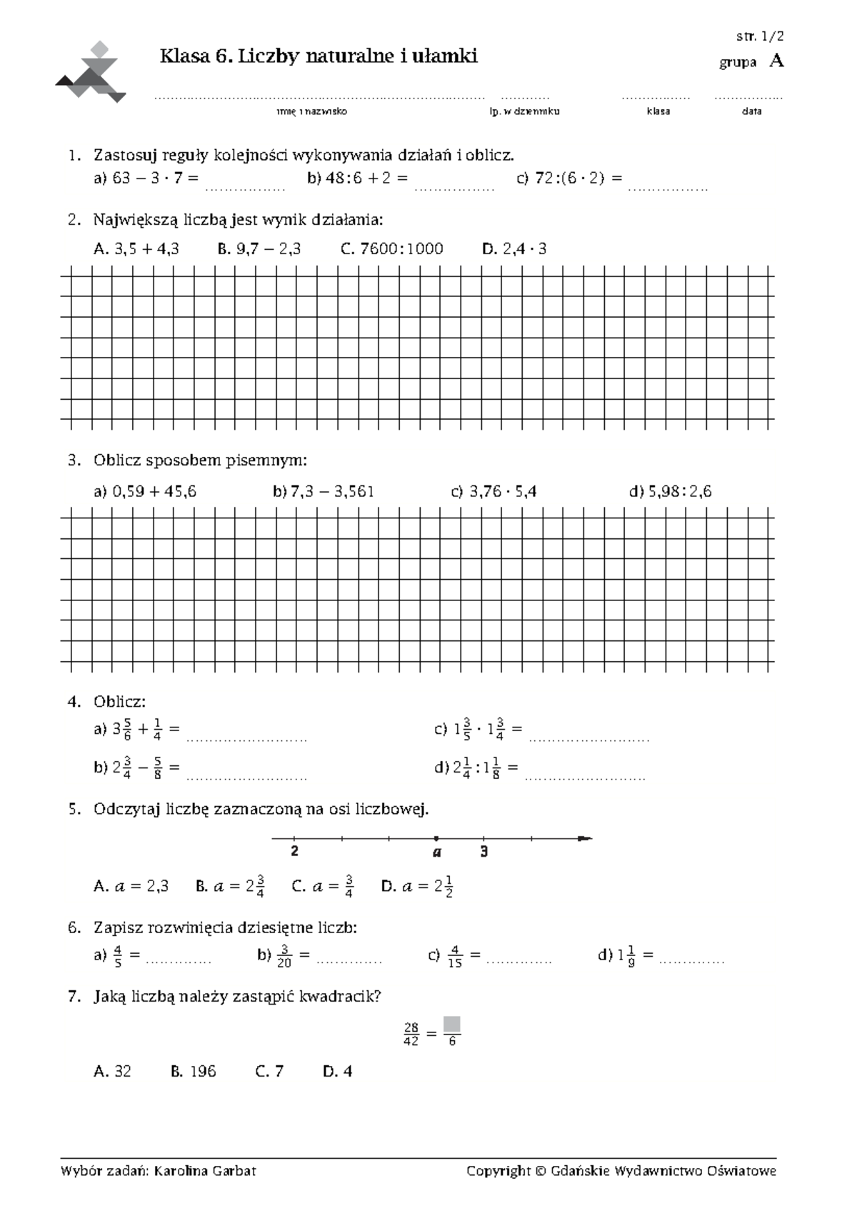 Liczby Naturalne Sprawdzian Klasa 6 Matematyka Wokół Nas Dział 1