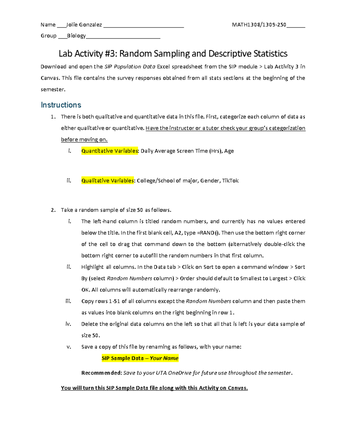 Lab Activity Report: Random Sampling & Descriptive Stats (MATH1308/1309 ...