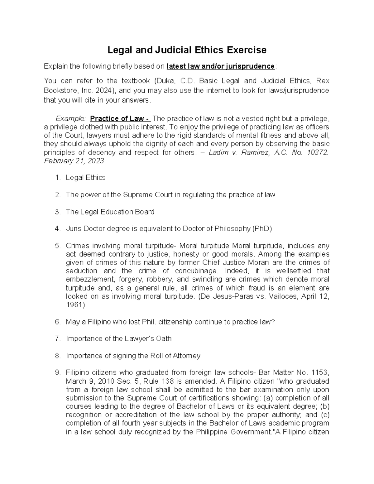 Legal and Judicial Ethics Exercise (LAW 101) - Key Concepts and ...