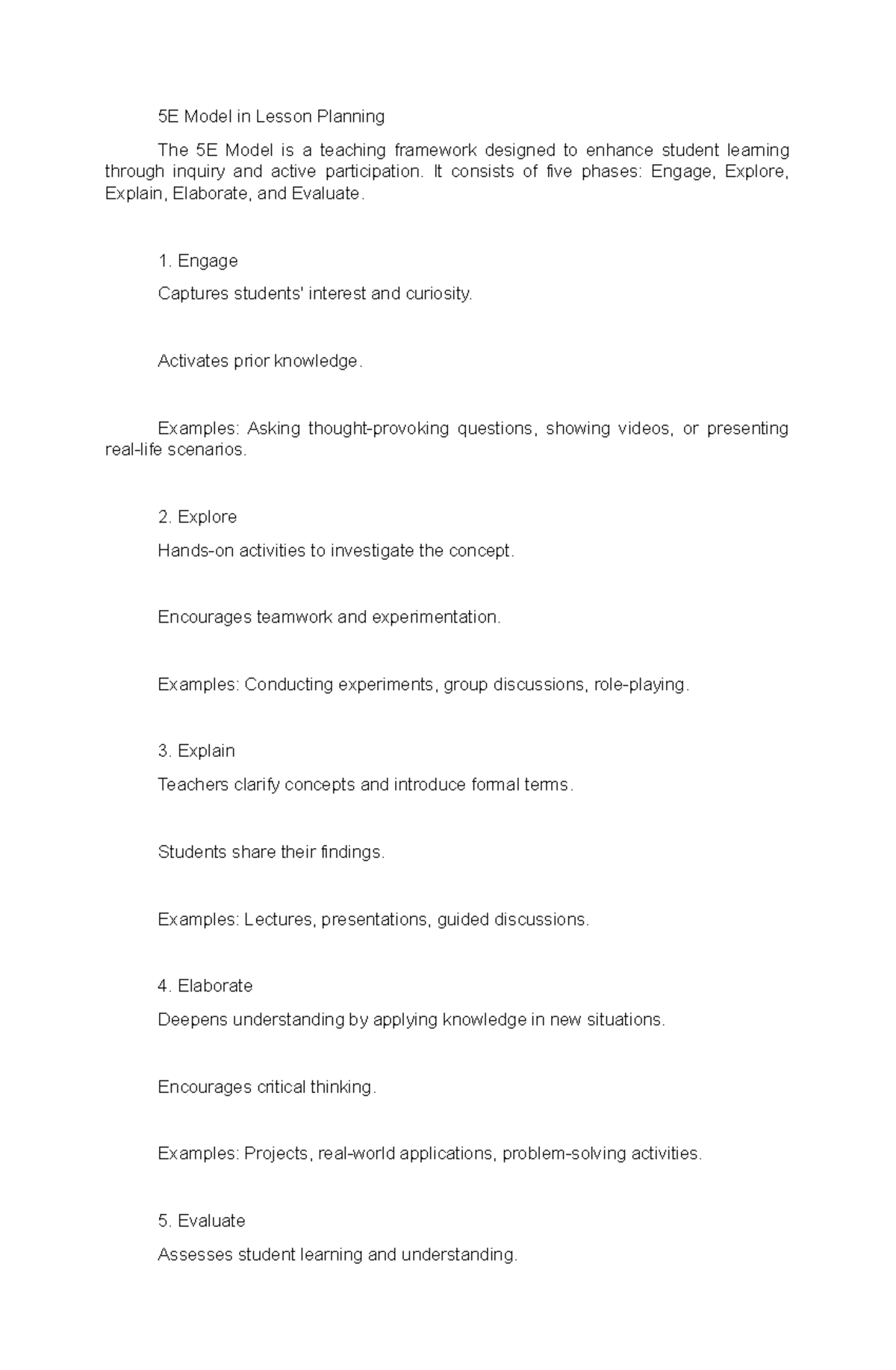 5e Lesson Plan 5e Model In Lesson Planning The 5e Model Is A Teaching