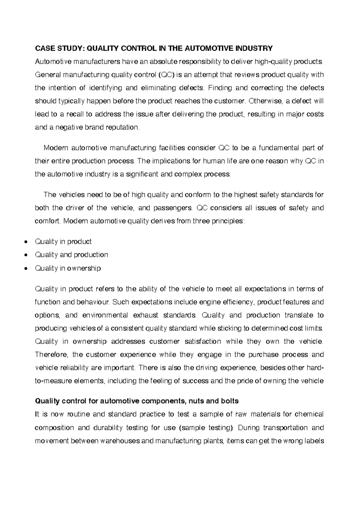 79854018 - CASE STUDY FOR PRACTISING BEFORE TESTS - CASE STUDY: QUALITY ...