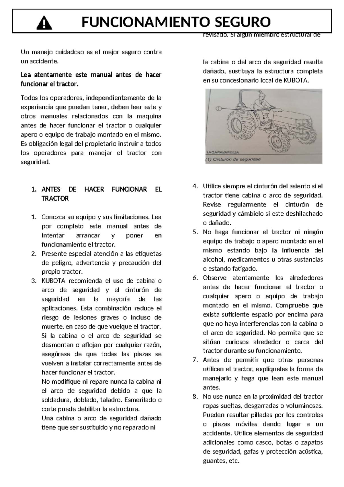 Manual de Seguridad y Operación del Tractor KUBOTA L4400 - Studocu