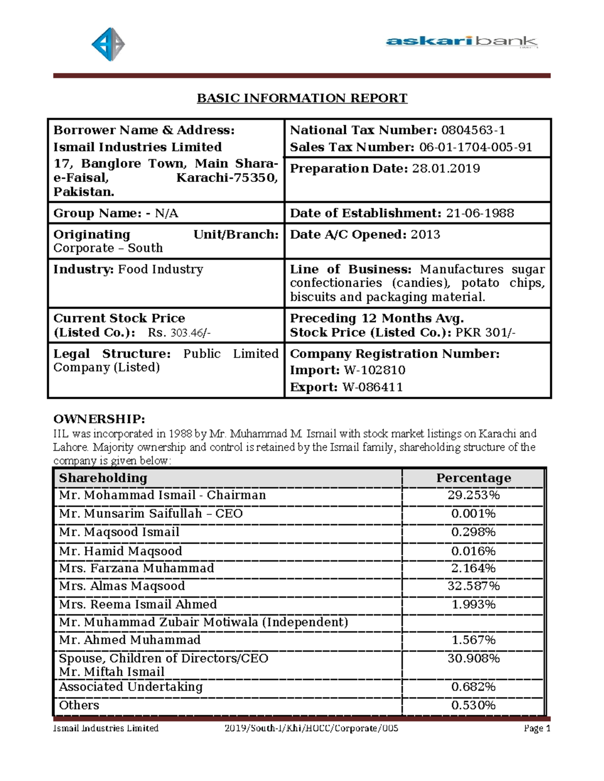 BIR pdf- 2019 - Basic info report - BASIC INFORMATION REPORT Borrower ...