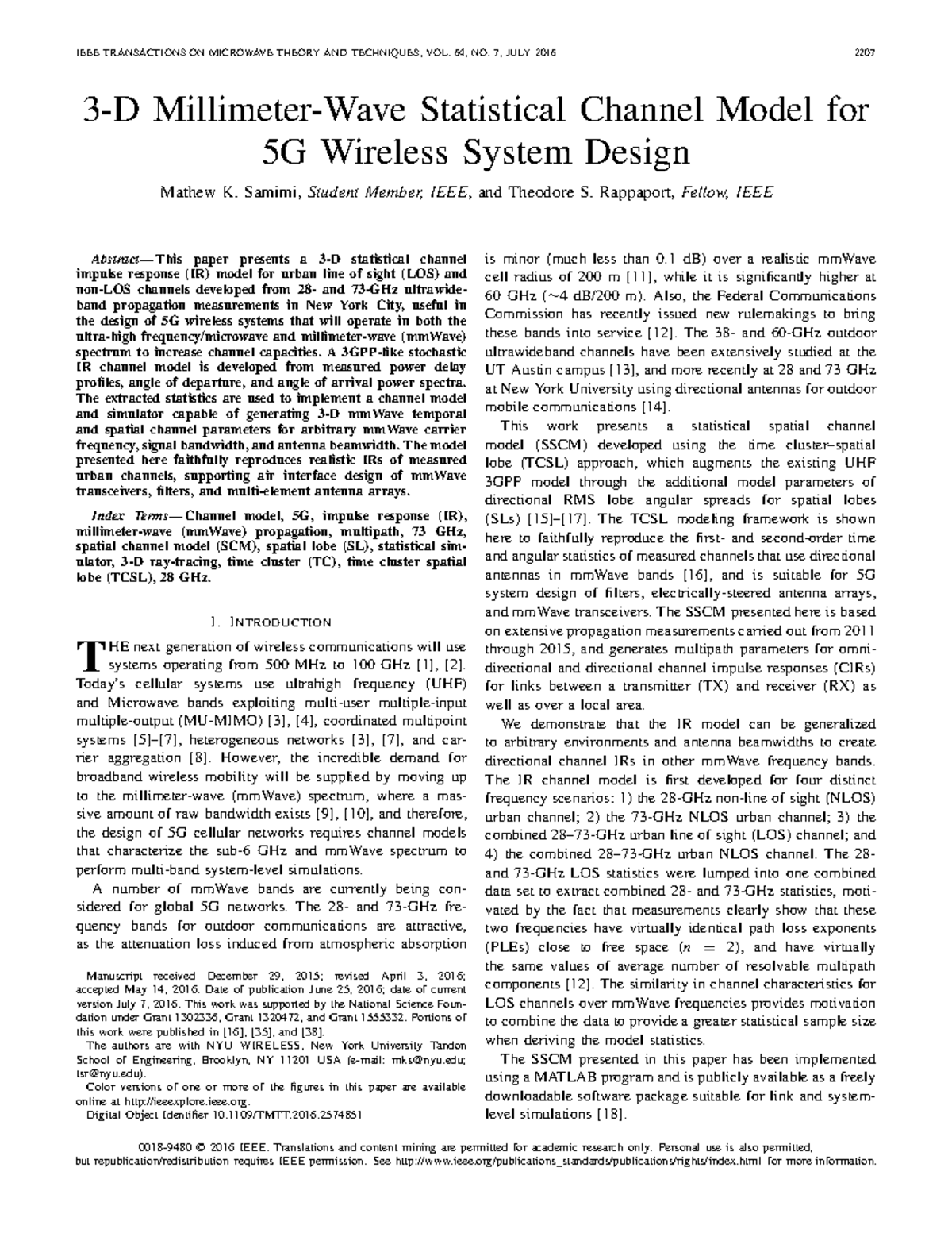 3-D mmWave Statistical Channel Model for 5G System Design - Studocu