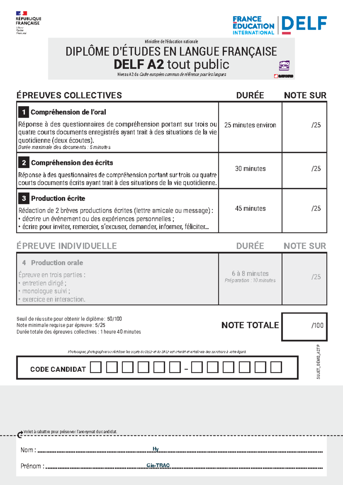 DELF A2 - Épreuve de compréhension et production - Sujet Démo - Studocu