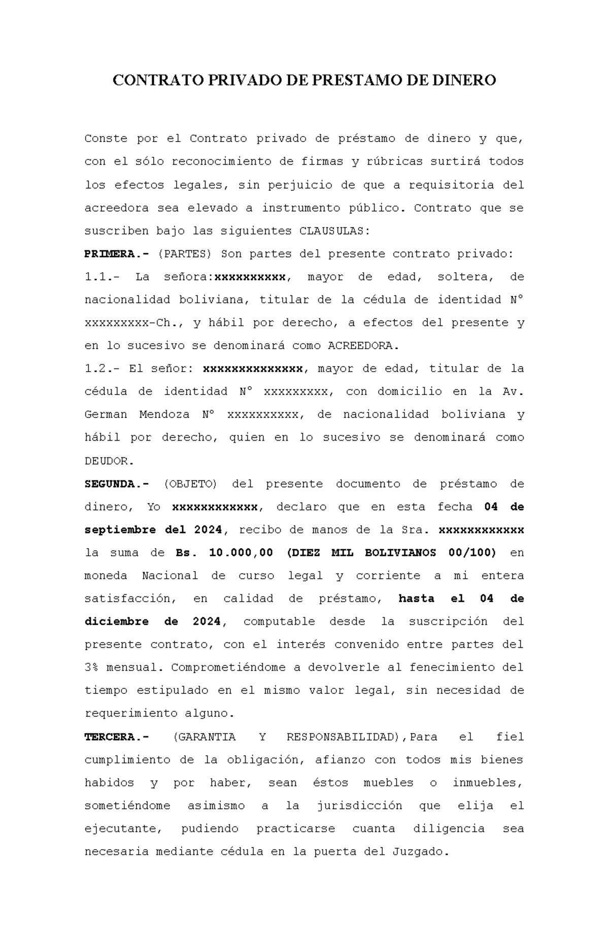 Contrato Privado de Préstamo de Dinero - Cláusulas y Condiciones - Studocu