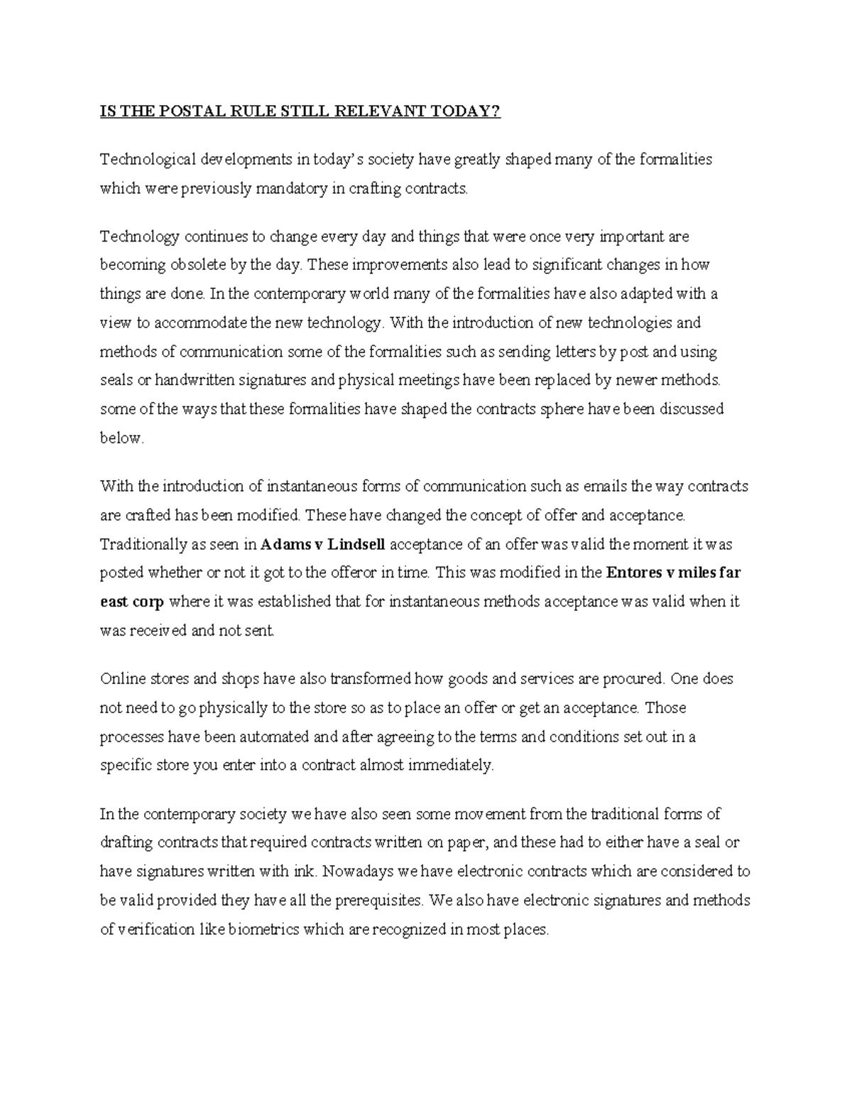 IS THE POSTAL RULE STILL RELEVANT? A Modern Perspective on Contracts ...