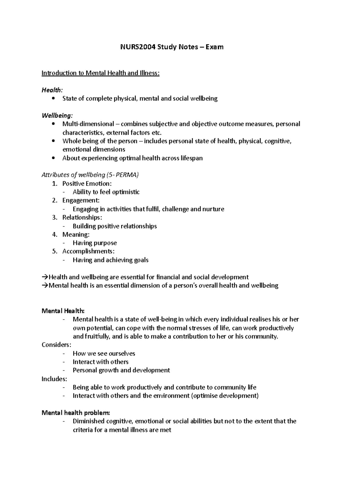 NURS2004 Study Notes – Mental Health and Wellbeing Overview for Exams ...