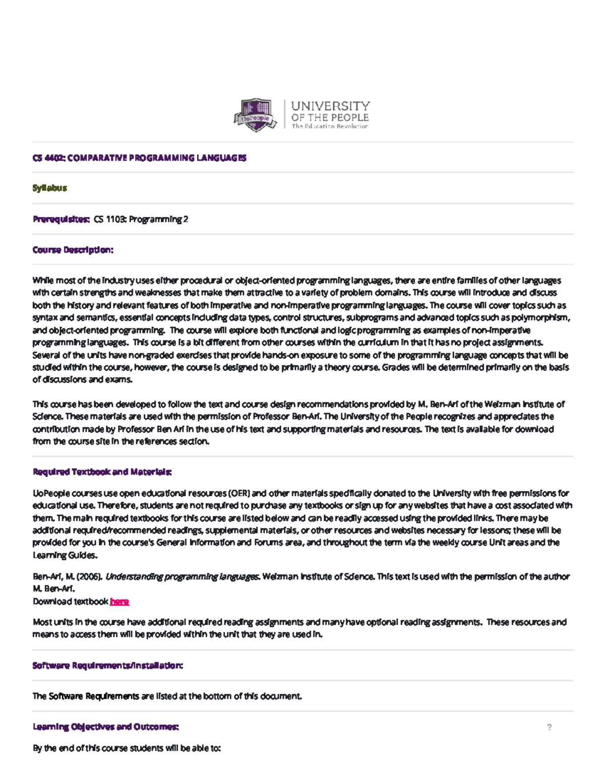 CS 4402-01 - AY2025-T3 Comparative Programming Languages Syllabus - Studocu