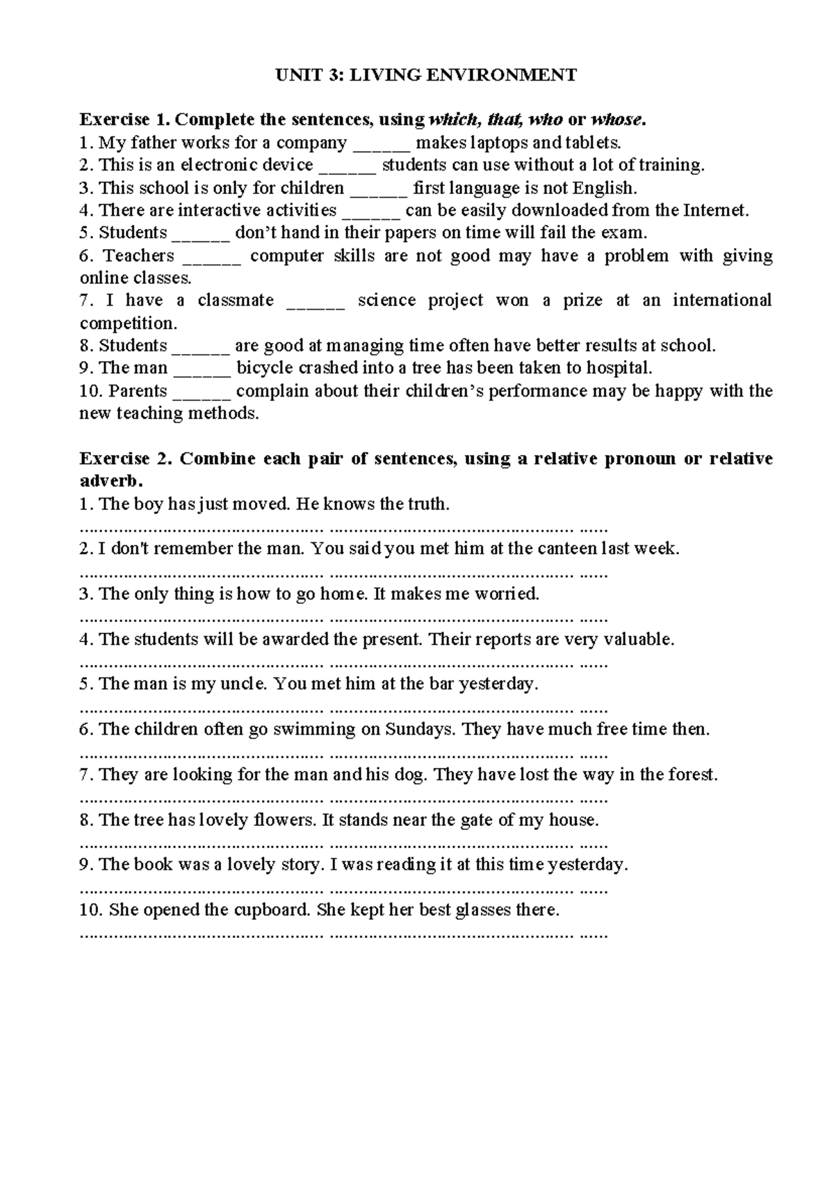 E9 Unit 3: Living Environment - Relative Pronouns Exercises - Studocu