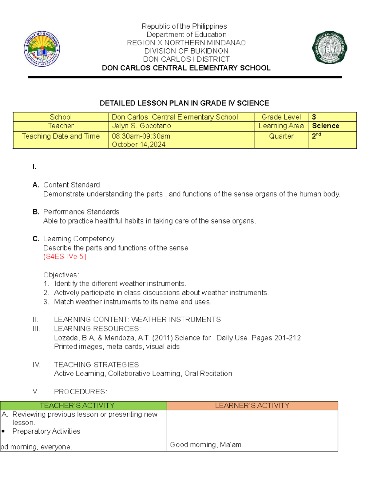 Detailed Lesson Plan in Science 4: Understanding Weather Instruments ...