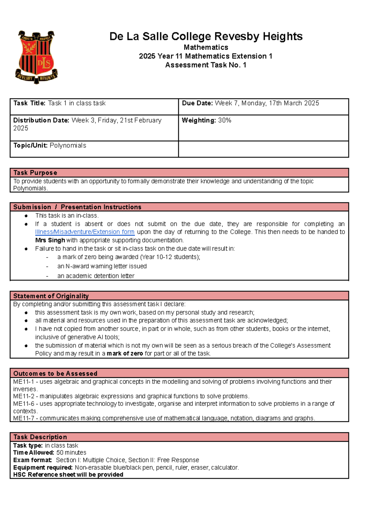 2025 Year 11 Mathematics Ext 1 Task 1: Polynomials Assessment - Studocu
