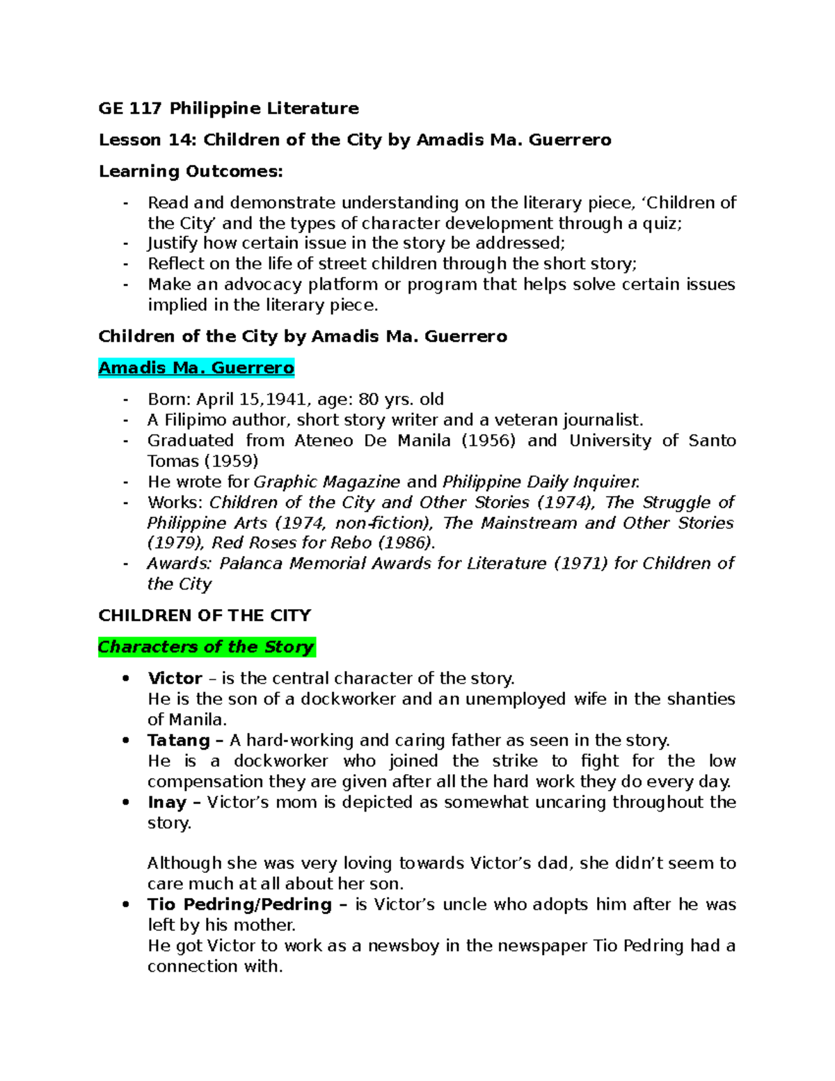 GE 117 Lesson 14: Understanding 'Children of the City' by Amadis Ma ...