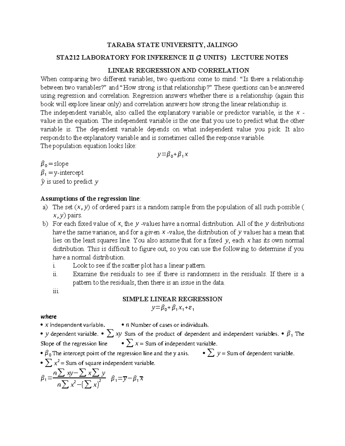 STA212 - Lecture Notes on Linear Regression & Correlation Analysis ...