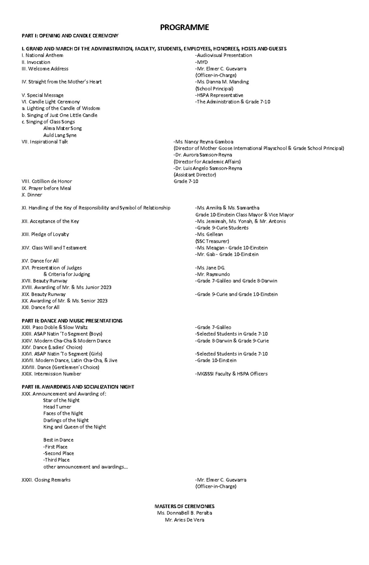 REVIEW MATERIALS - PROGRAMME PART I: OPENING AND CANDLE CEREMONY I ...
