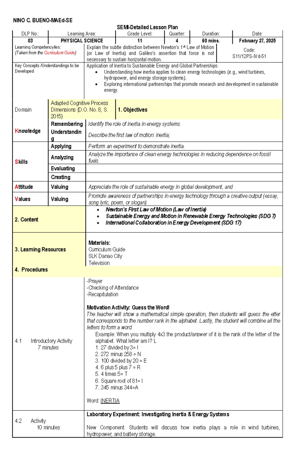 Lesson Plan Nino C. Bueno - NINO C. BUENO-MAEd-SE SEMI-Detailed Lesson ...