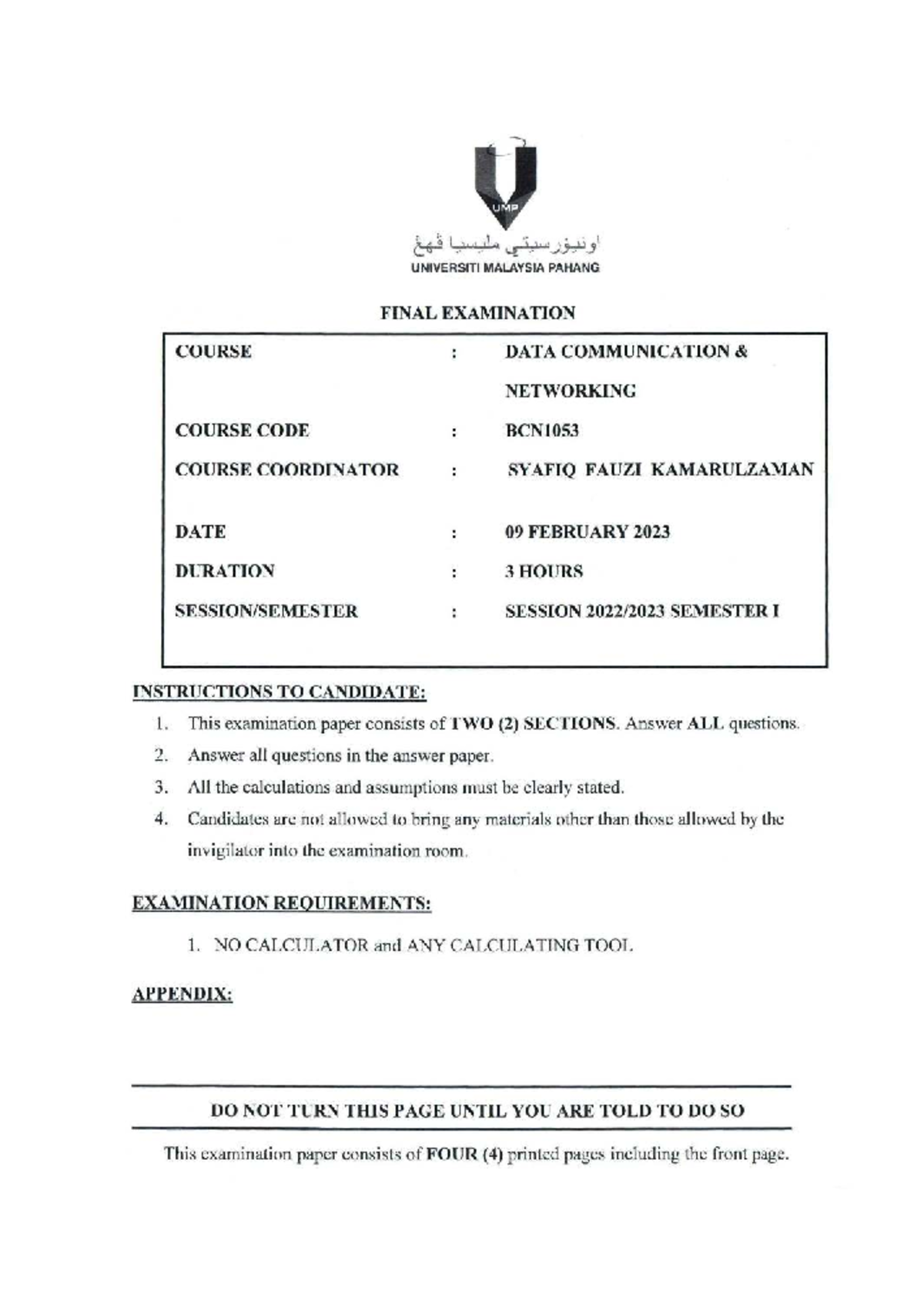 BCN1053 Final Exam Paper: Data Communication & Networking S1 2023 - Studocu