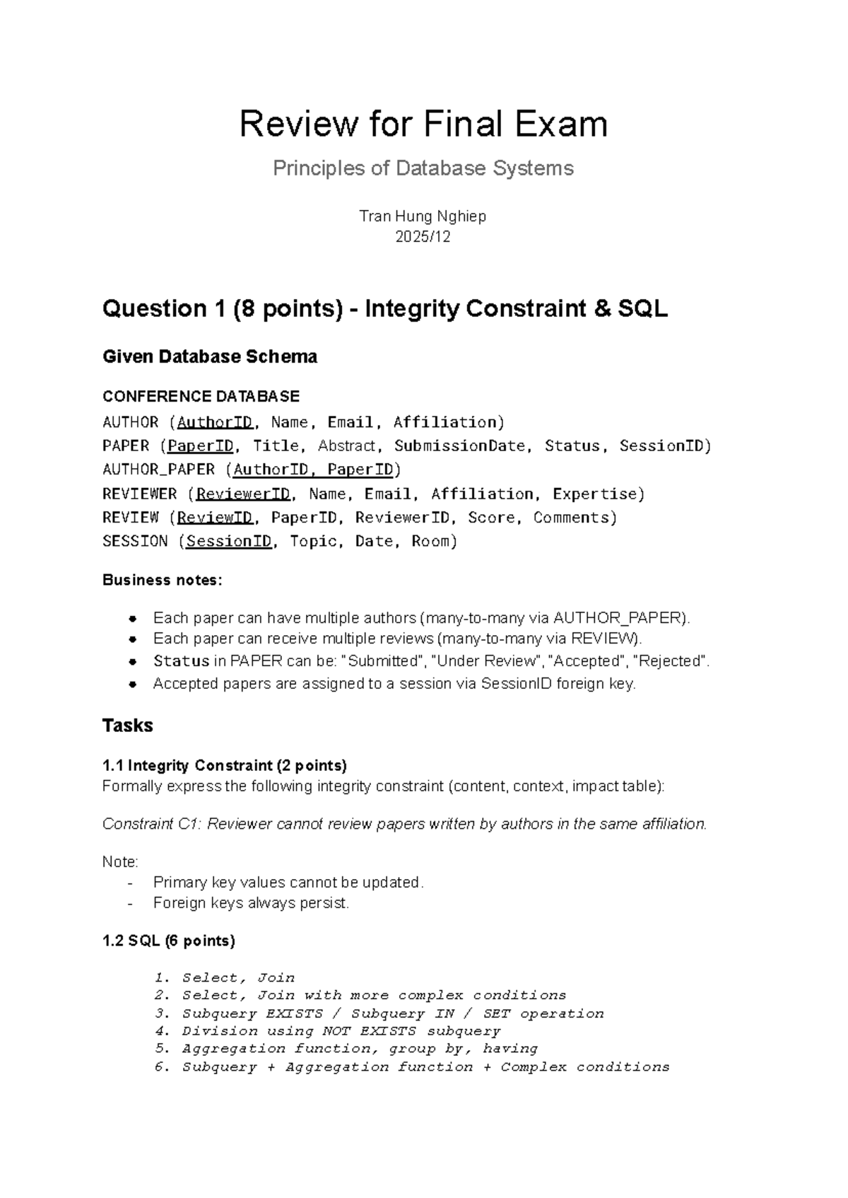 Review for Final Exam - DB Systems (CS101) Integrity Constraints & SQL ...