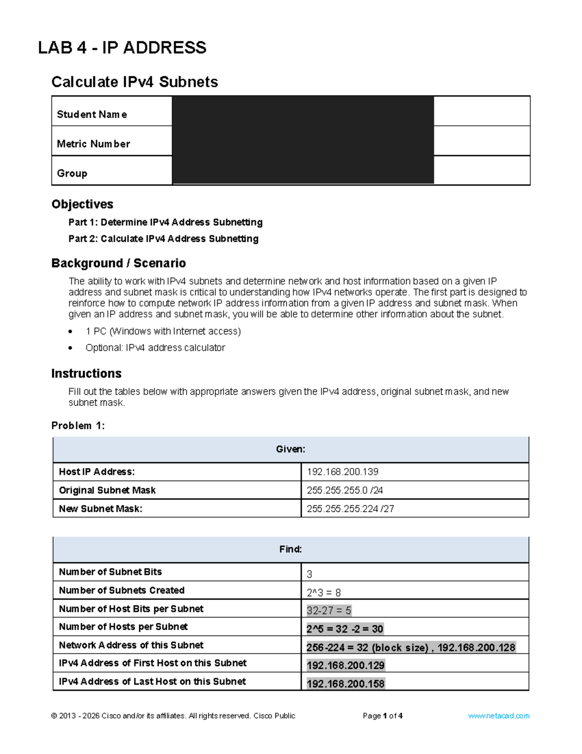 Lab 4: Calculate IPv4 Subnets for M3CDCS2553A - Studocu