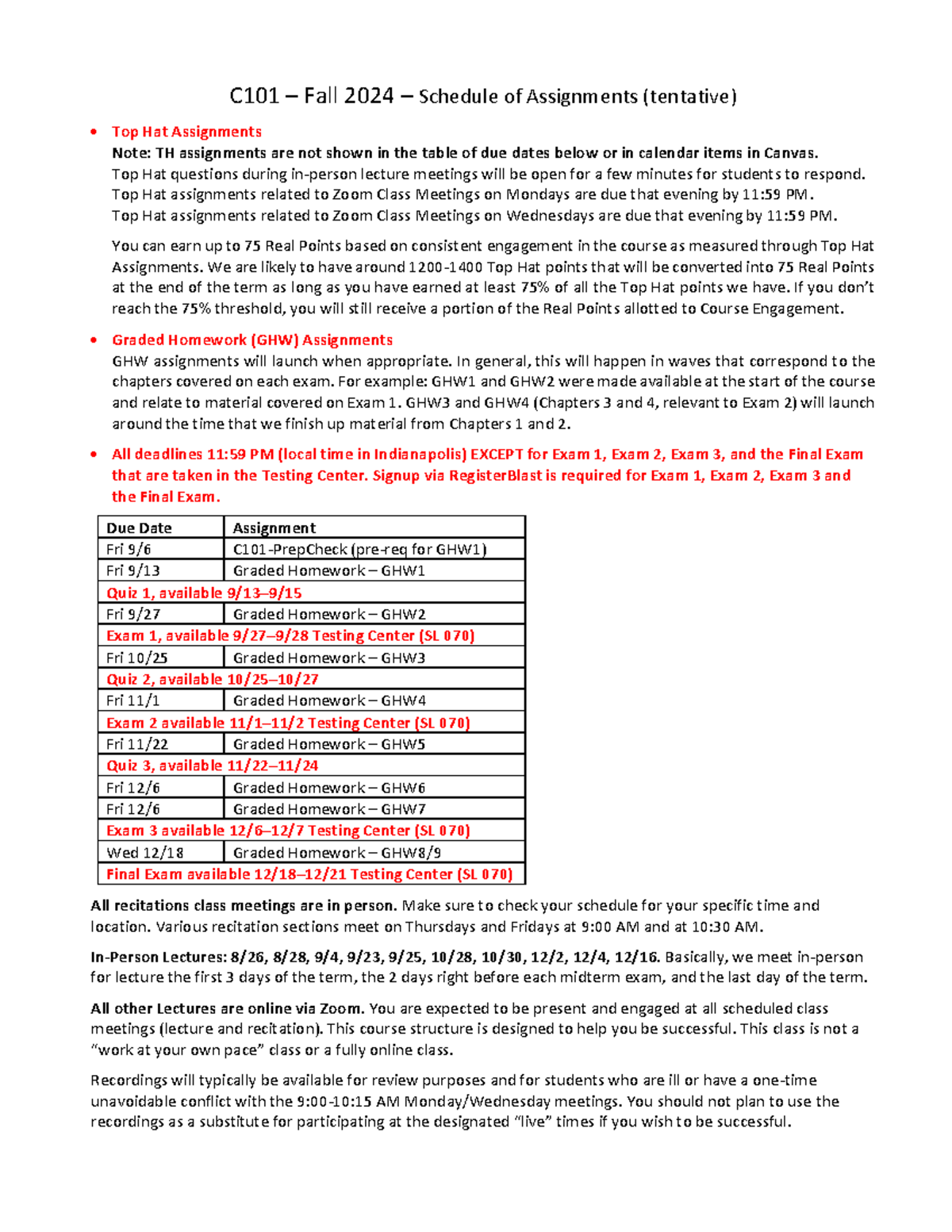 C101 Fall 2024 Tentative Schedule of Assignments and Top Hat Details ...