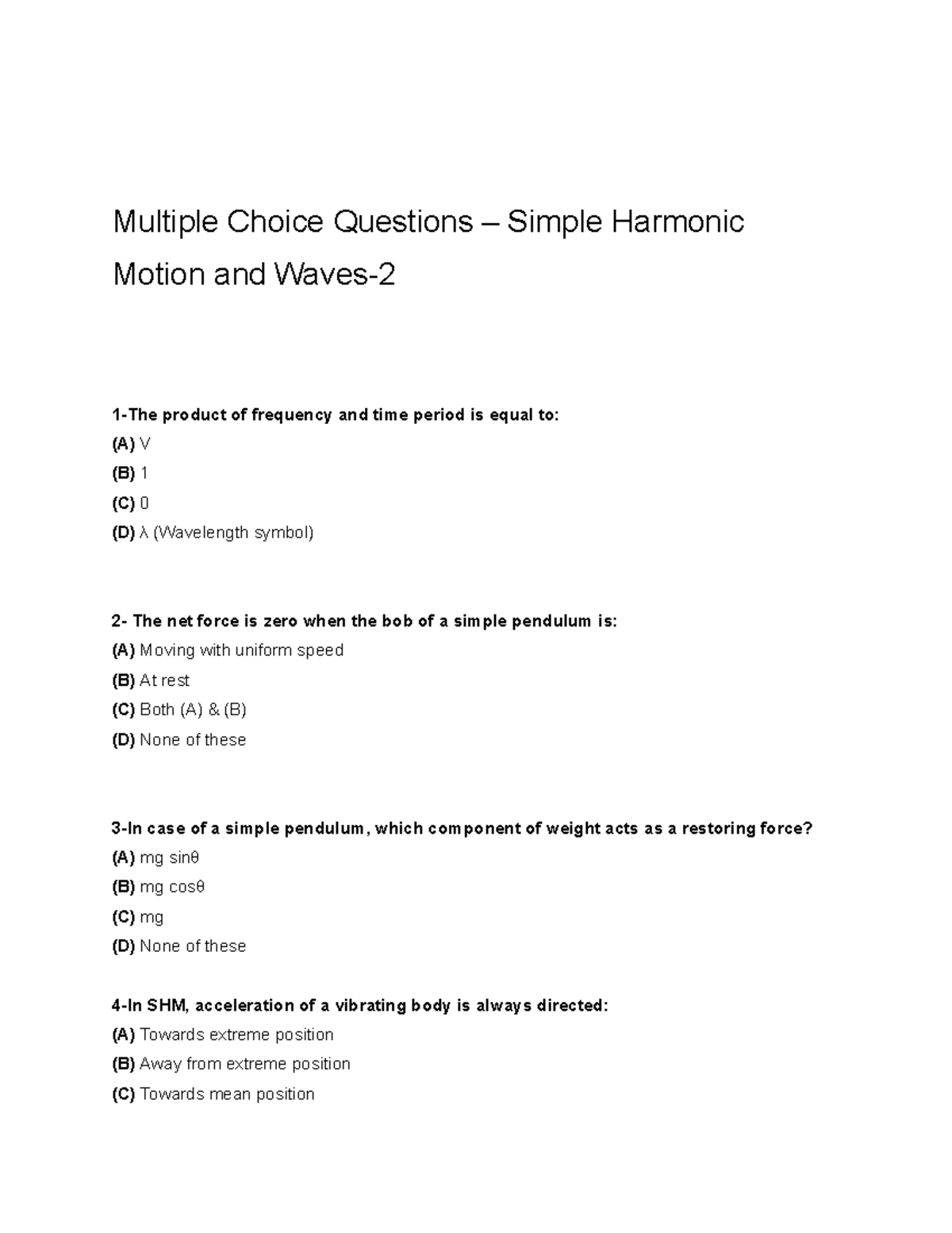 Simple Harmonic Motion and Waves mcqs-2 - Multiple Choice Questions ...