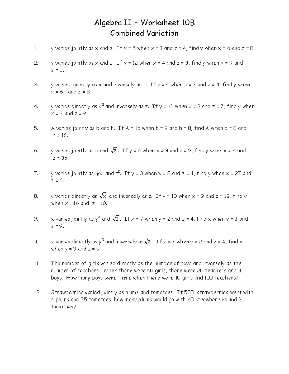 Algebra II - Worksheet 10B: Combined Variation Problems - Studocu