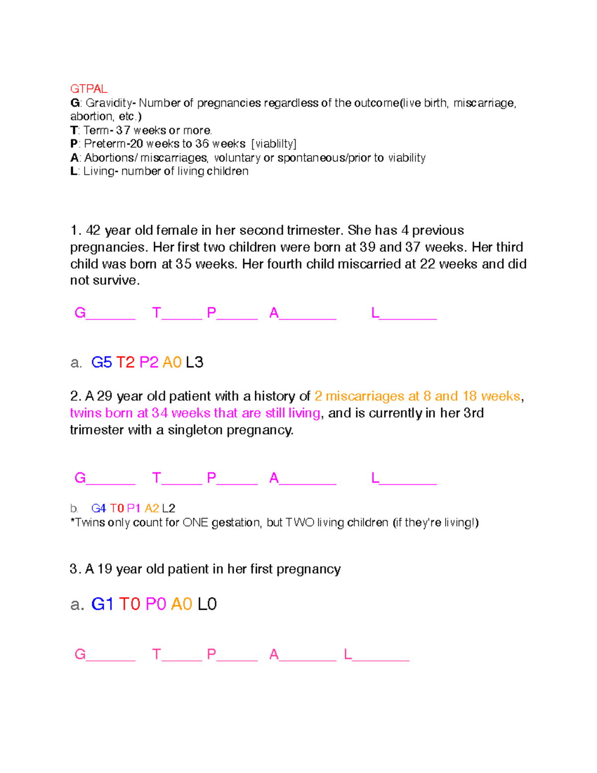 GTPAL Practice Sheet for Obstetric Assessment and Analysis - Studocu